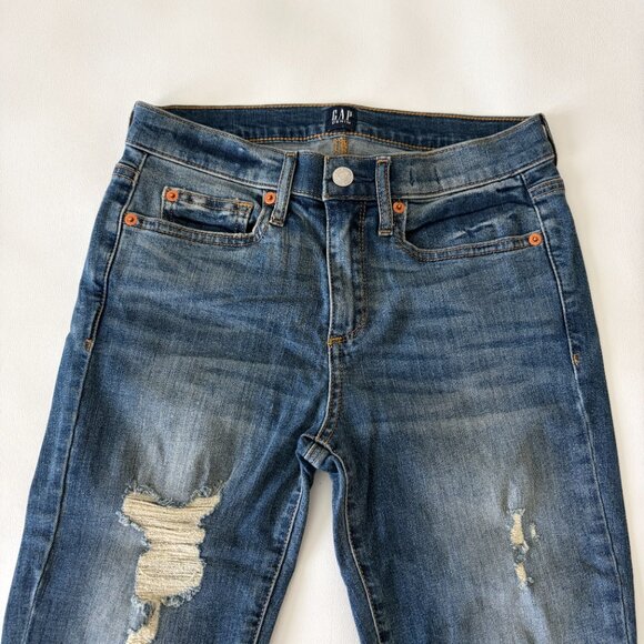 GAP Jean Womens 26 Blue Skinny Distressed Mid-Rise Stretch Denim Raw Hem - Picture 2 of 13